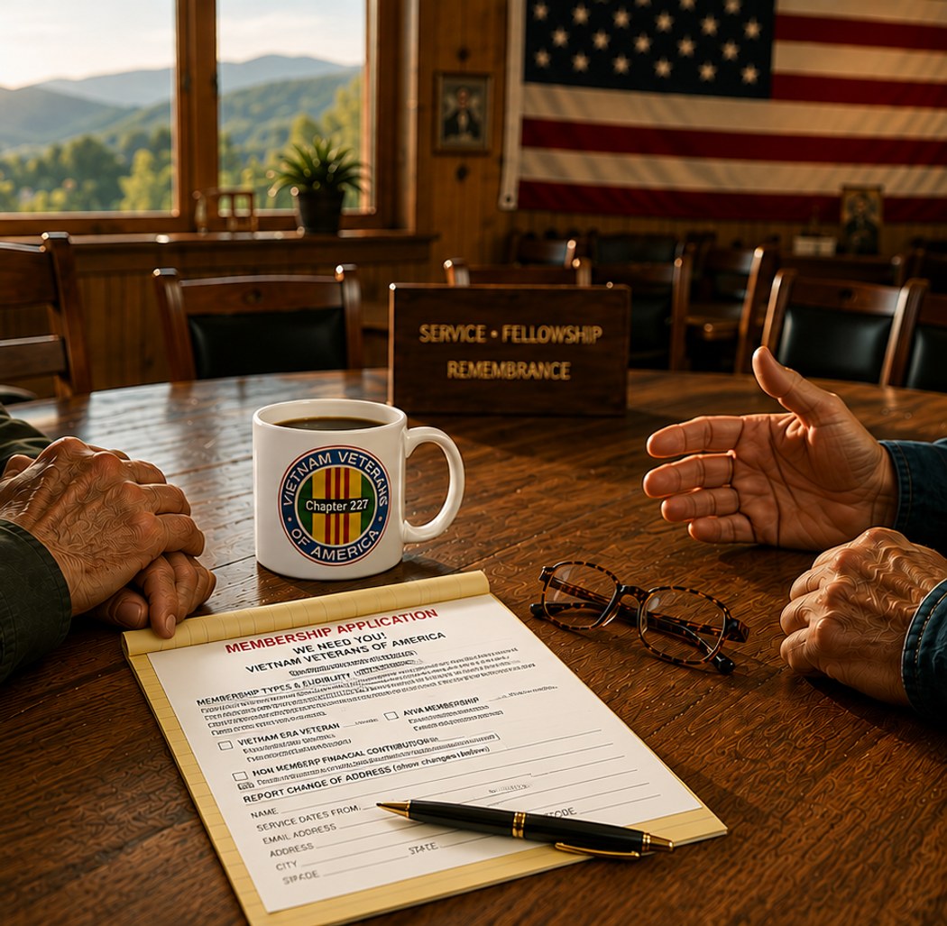 Two Chapter 227 members talking over coffee and a membership application at a table, with a "Service, Fellowship, Remembrance" sign and the American flag in the background, and mountains visible through a window.