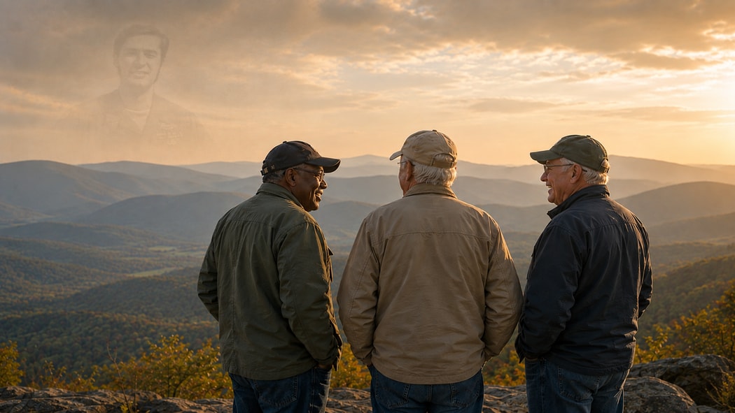 Three Vietnam-era veterans overlooking Virginia's Blue Ridge Mountains.
