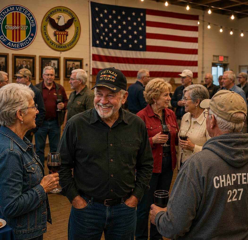 Chapter 227 members and guests, men and women together, talking and smiling at a chapter social gathering, with the American flag and the Chapter 227 and Northern Virginia Vietnam Veterans Foundation seals on the wall behind them.