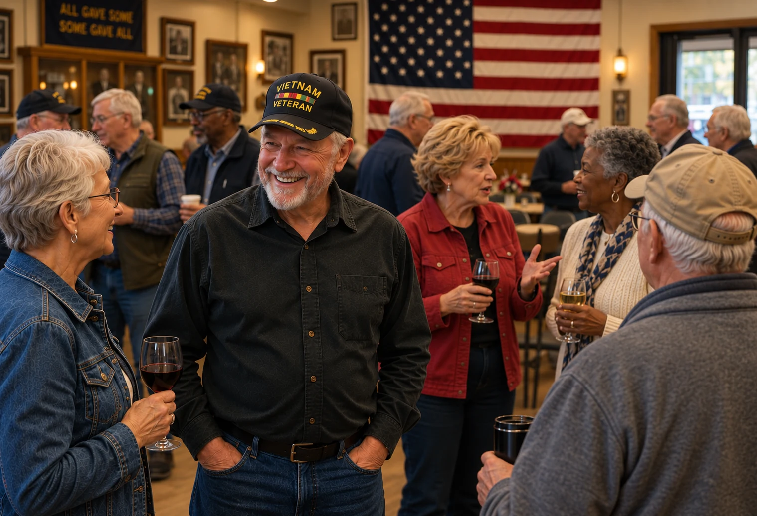 A smiling Vietnam veteran in a Vietnam Veteran cap talks with fellow veterans and guests at a chapter gathering, including a woman in red gesturing as she speaks, with an American flag on the wall behind them.