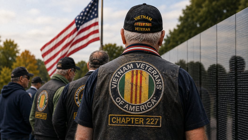 Chapter 227 members in their Vietnam Veterans of America vests, viewed from behind, standing before the Vietnam Veterans Memorial Wall with an American flag flying beside them.