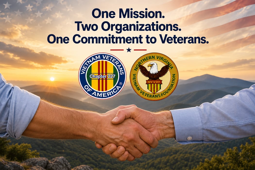 A graphic captioned "One Mission. Two Organizations. One Commitment to Veterans." — two people shaking hands over a sunlit mountain landscape, with the Vietnam Veterans of America Chapter 227 seal and the Northern Virginia Vietnam Veterans Foundation seal side by side above them.