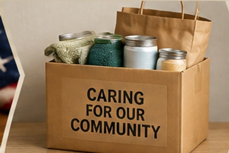 A box labeled "Caring For Our Community" filled with donated household goods.