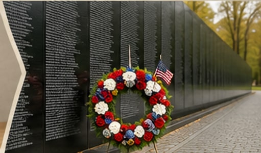 A memorial wreath and American flag beside the Vietnam Veterans Memorial Wall.