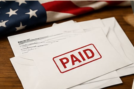 An envelope stamped PAID in red ink, in front of a folded American flag.