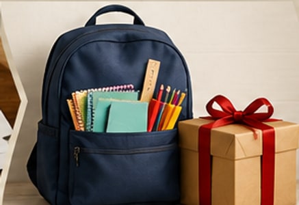 A backpack filled with school supplies beside a wrapped gift tied with a red ribbon.