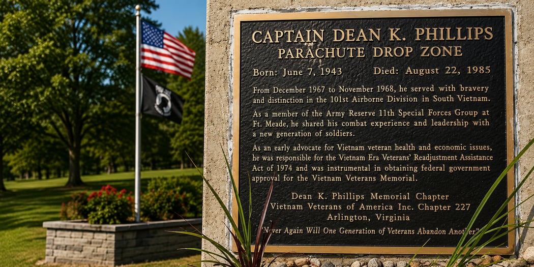 The bronze Captain Dean K. Phillips Parachute Drop Zone plaque at Fort Meade, with an American flag and a POW/MIA flag flying beside it.